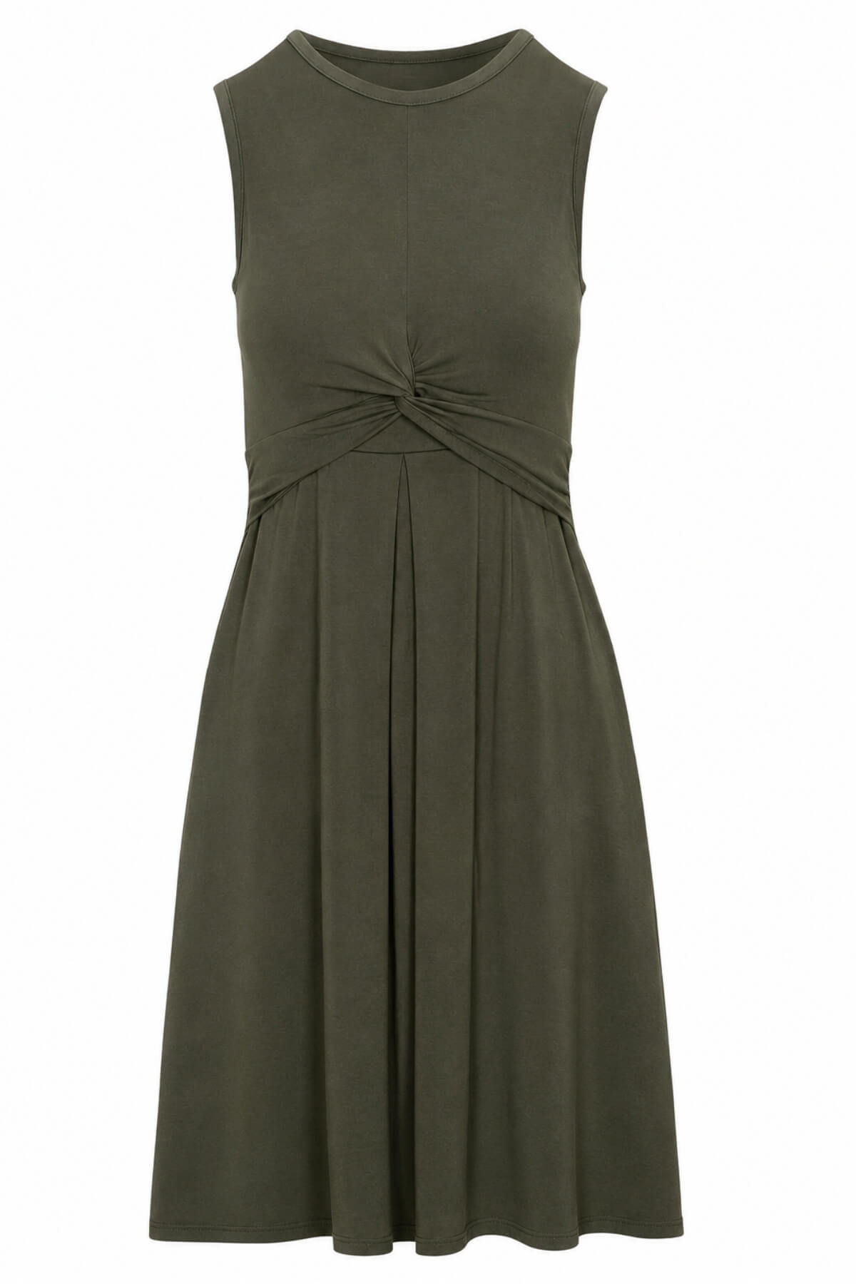 An olive green sleeveless midi dress with a gathered twist detail at the waist, shown against a plain white background.