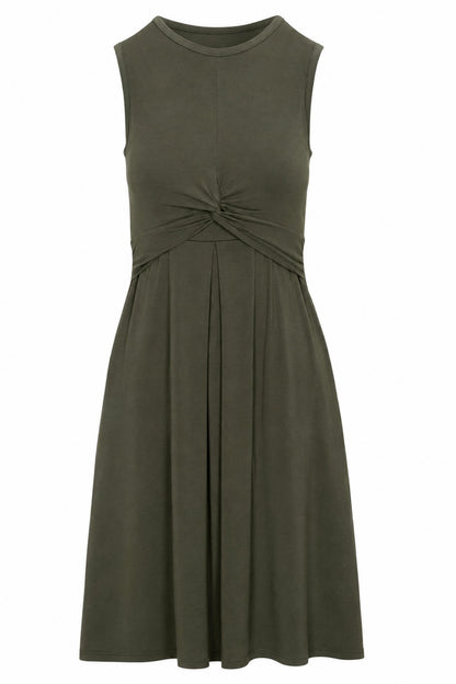 An olive green sleeveless midi dress with a gathered twist detail at the waist, shown against a plain white background.