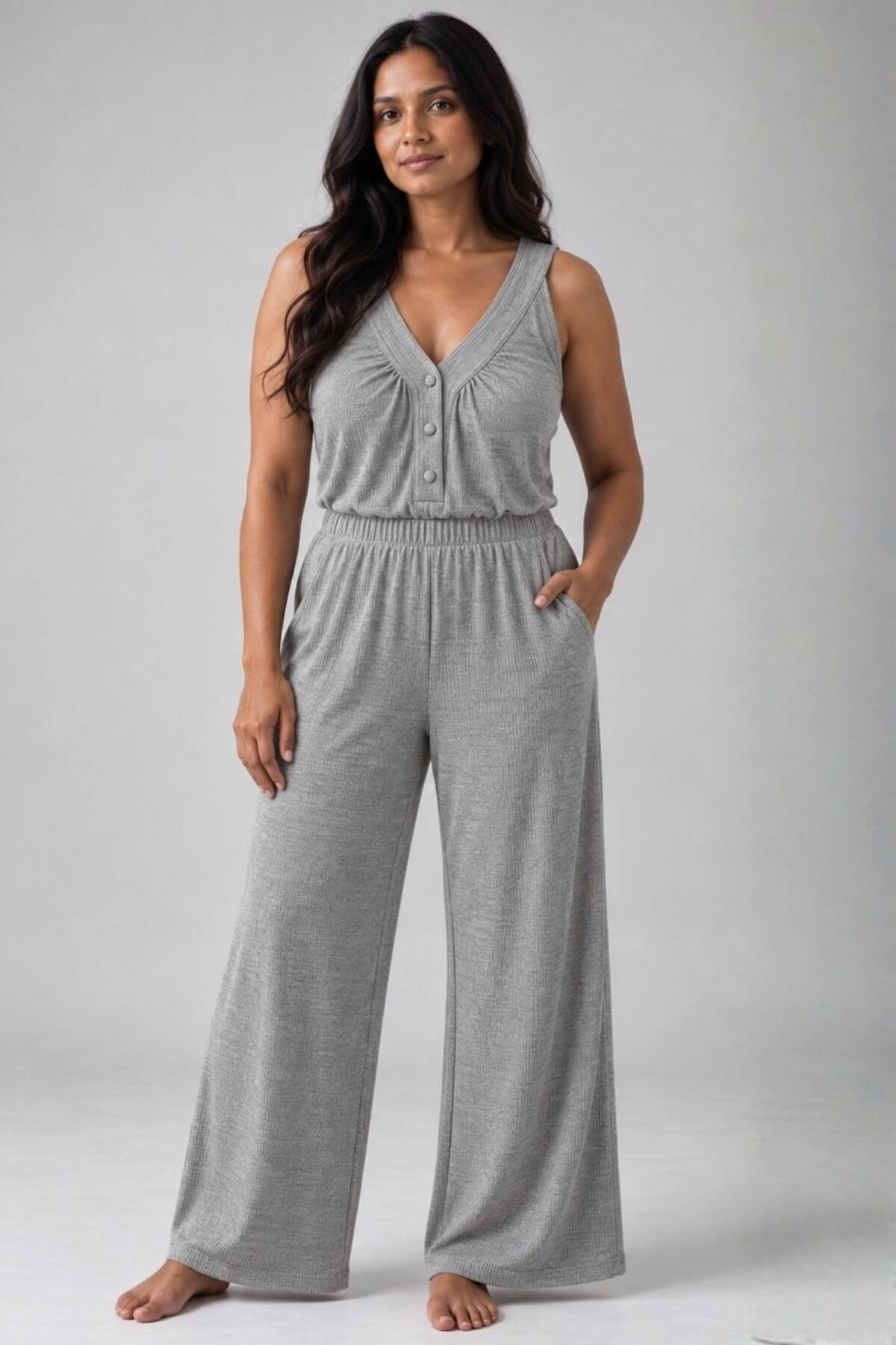 A woman modeling a light gray sleeveless jumpsuit with a V-neck, button-front bodice, elastic waist, and wide legs, photographed against a plain light gray studio background.
