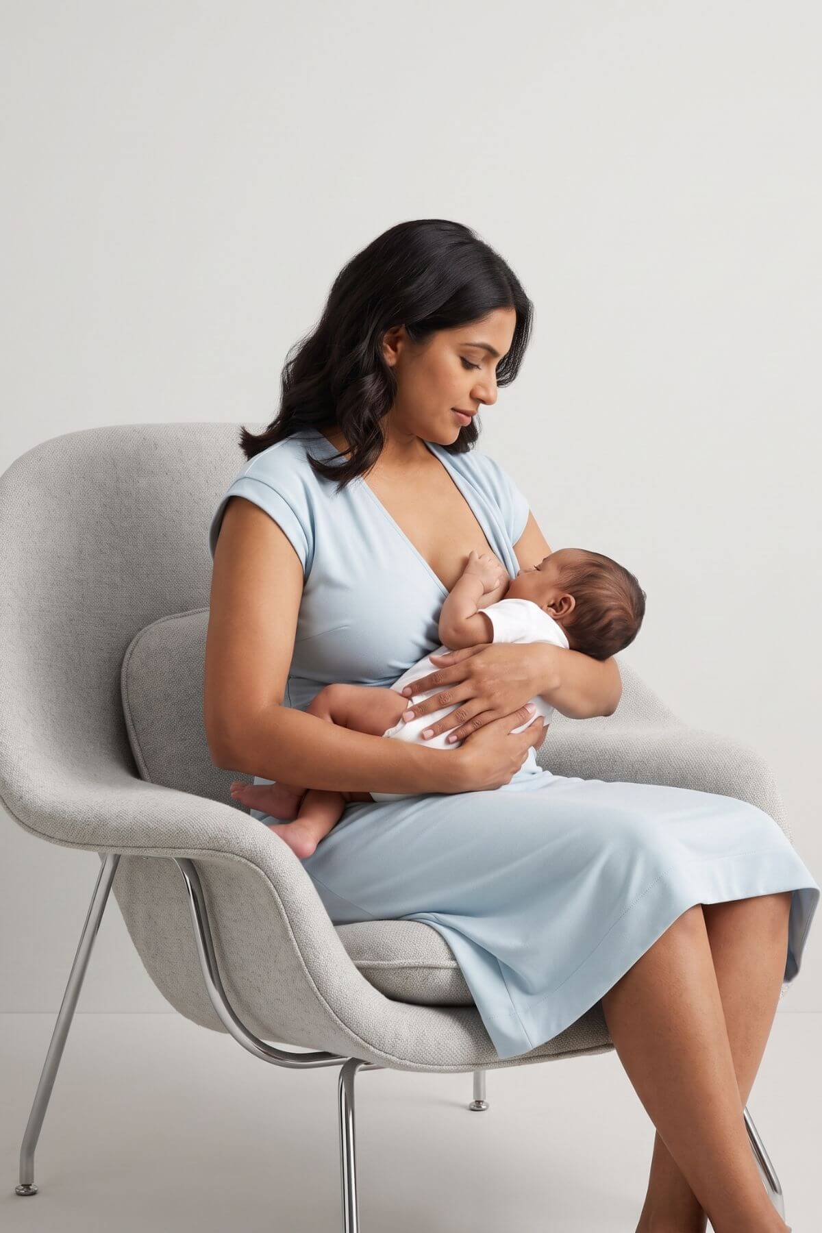 A woman in a light blue dress sits in a modern gray armchair, breastfeeding a baby wrapped in a white blanket. The scene is shot in a clean, minimalist studio setting with a light gray background.