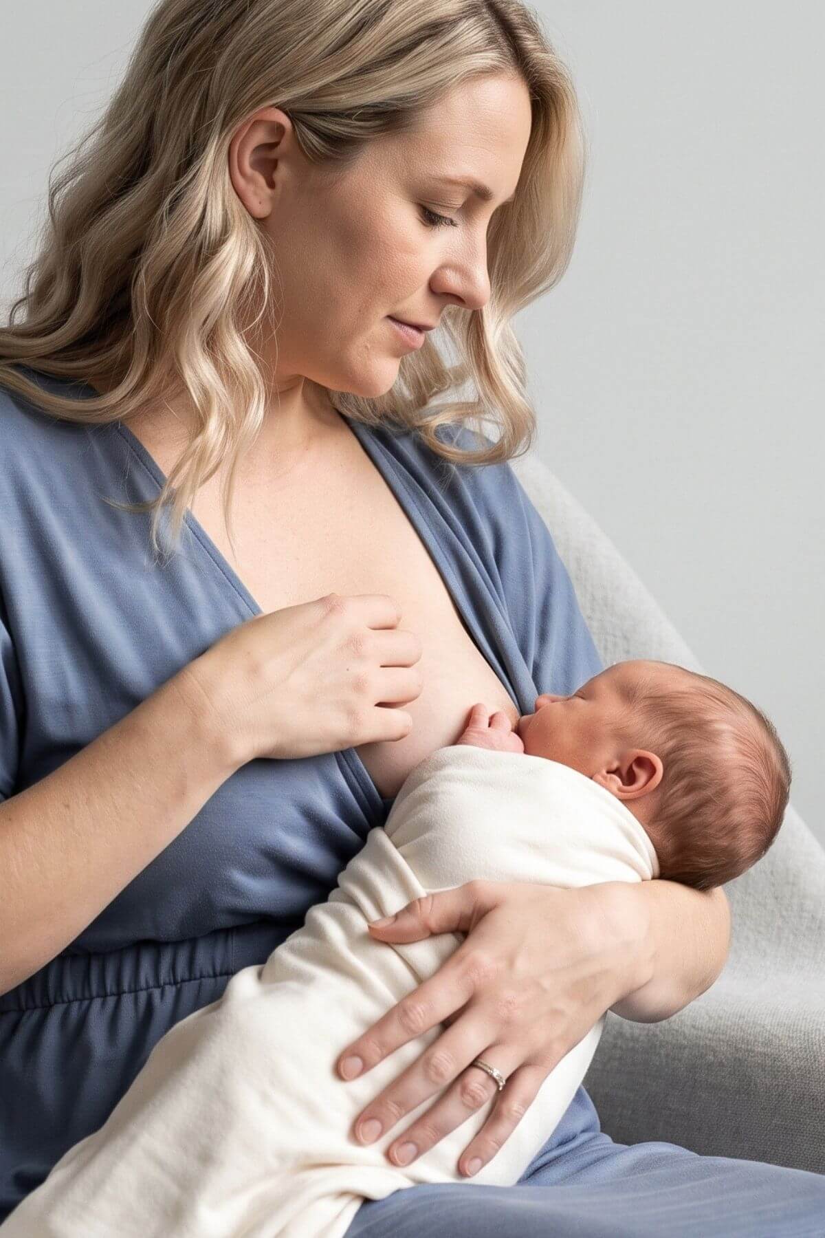 A woman in a slate blue nursing dress holds a swaddled newborn baby against her chest while breastfeeding, set against a neutral gray background.