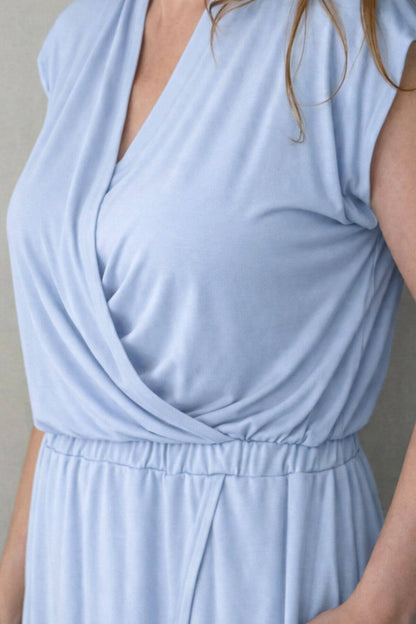 Light blue nursing dress with a V-neck and draped design