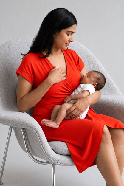 A woman in a vibrant red dress sits in a modern gray chair, breastfeeding a sleeping baby dressed in white. The background is a clean, neutral gray studio wall.
