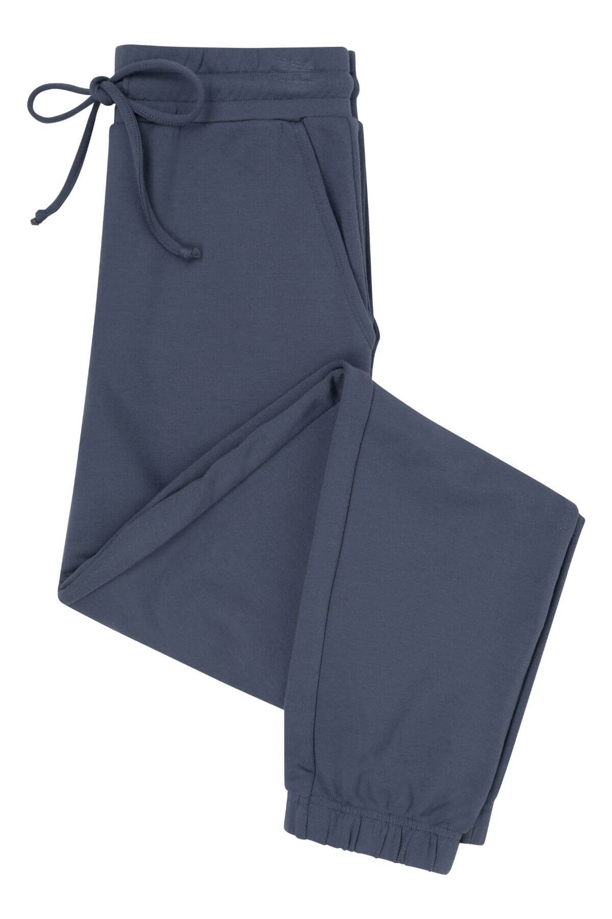 A pair of dark slate blue jogger pants with an elastic waistband, drawstring, and elastic cuffs, shown on a plain white background.