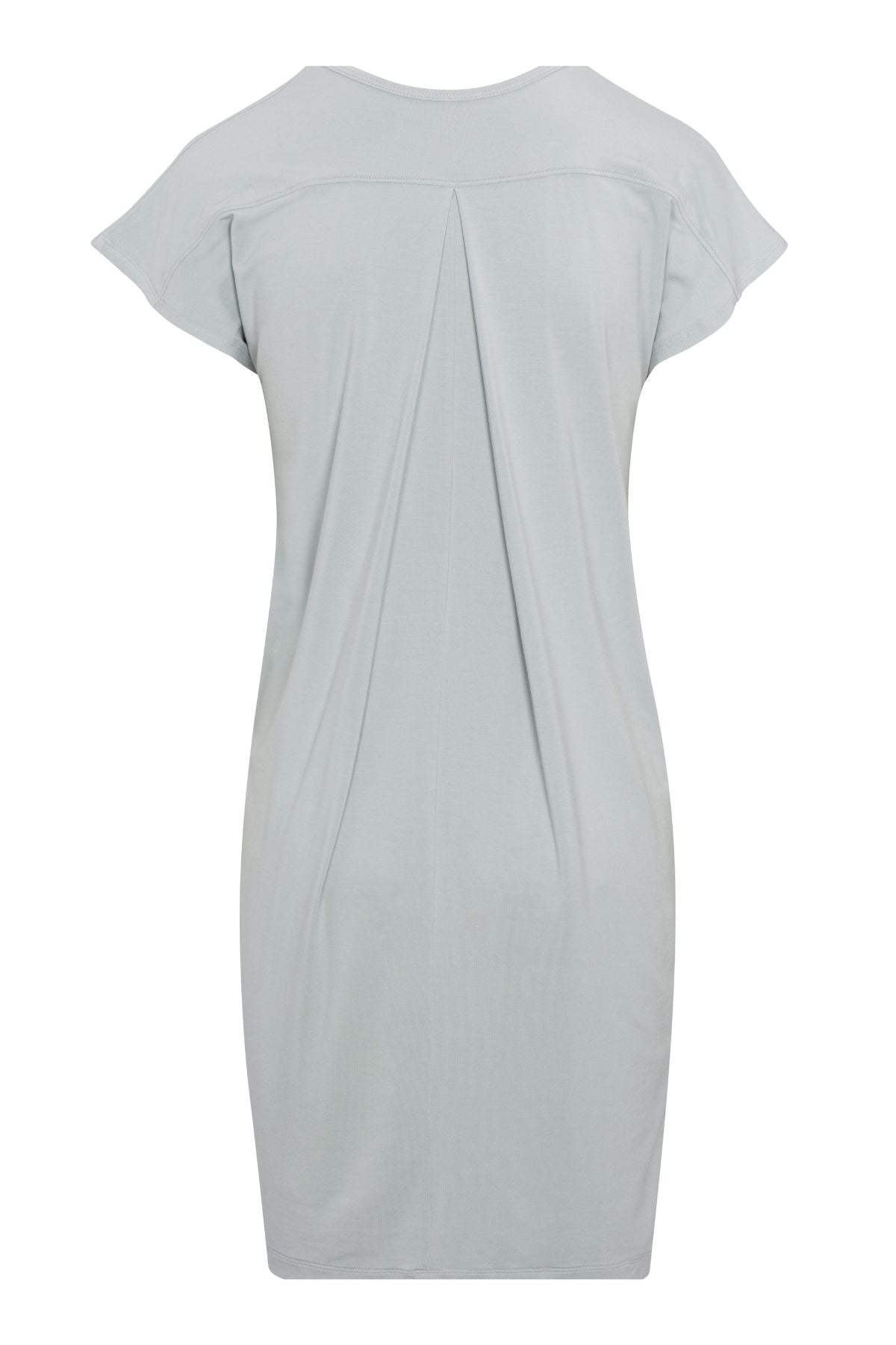 A light gray short-sleeve t-shirt dress with a draped, gathered back detail, shown against a plain white background.