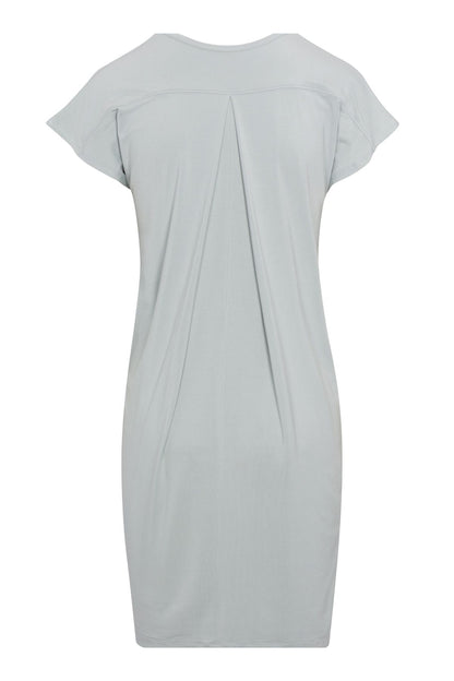 A light gray short-sleeve t-shirt dress with a draped, gathered back detail, shown against a plain white background.