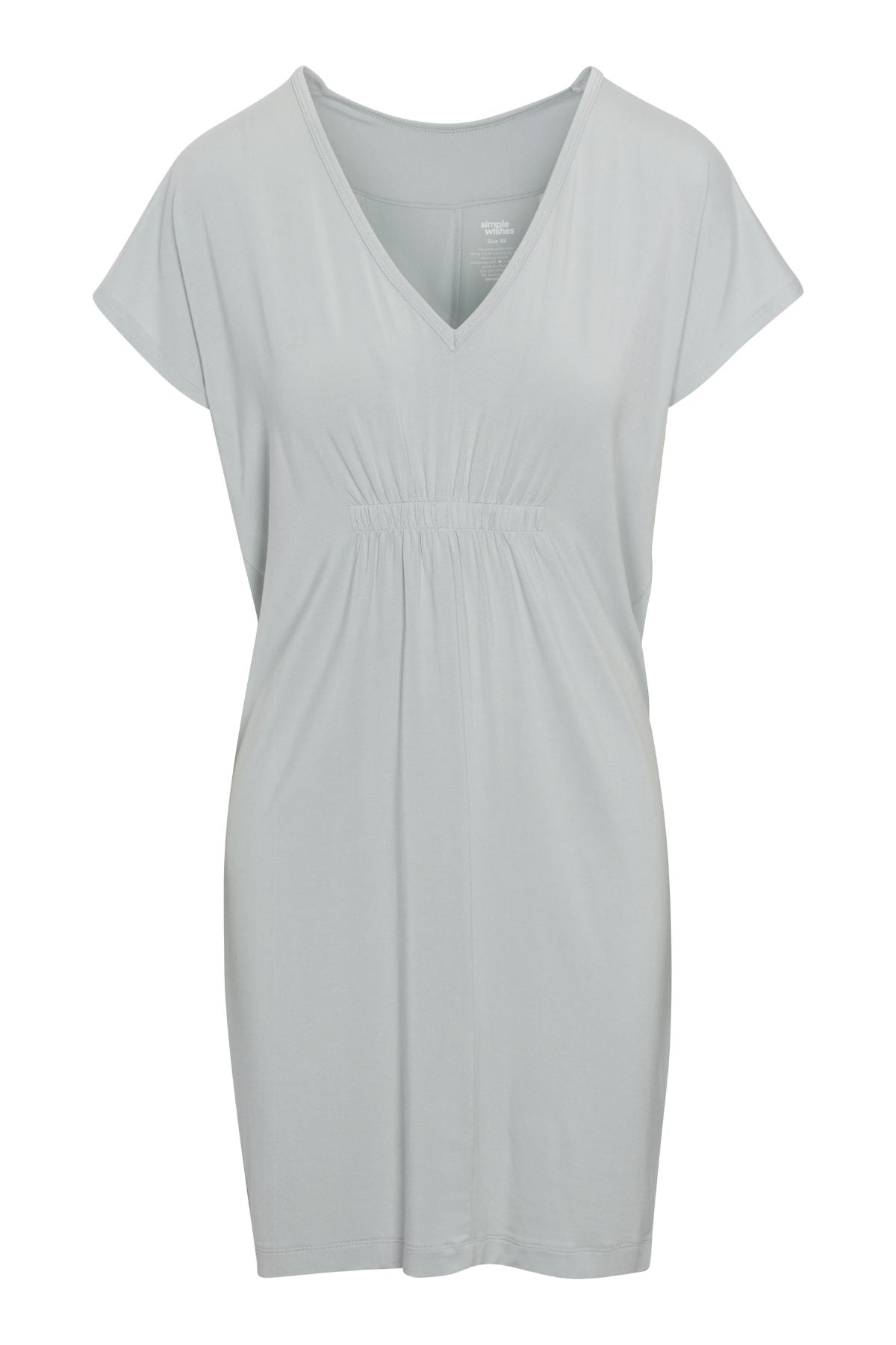 A light gray short-sleeve V-neck dress with a gathered smocked waist, shown against a plain white background.