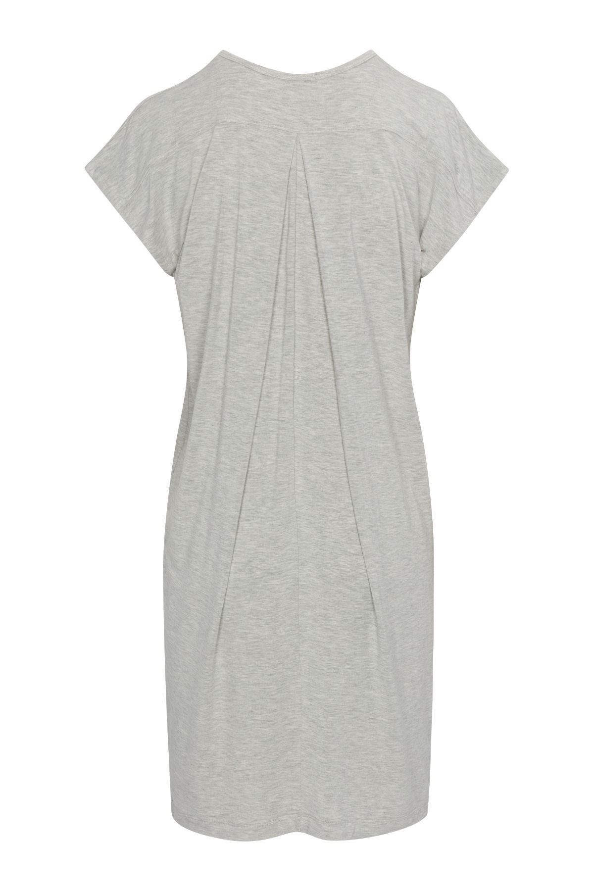 A light gray heathered short-sleeve t-shirt dress with a gathered, pleated back detail, shown against a plain white background.