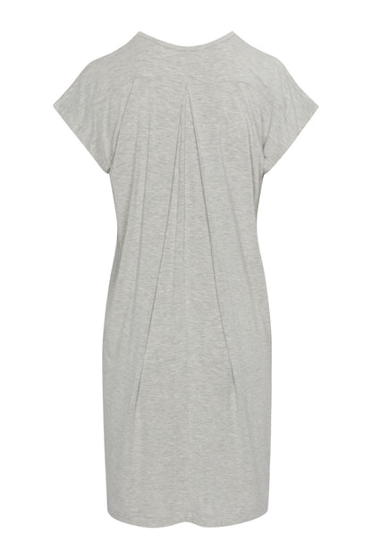 A light gray heathered short-sleeve t-shirt dress with a gathered, pleated back detail, shown against a plain white background.