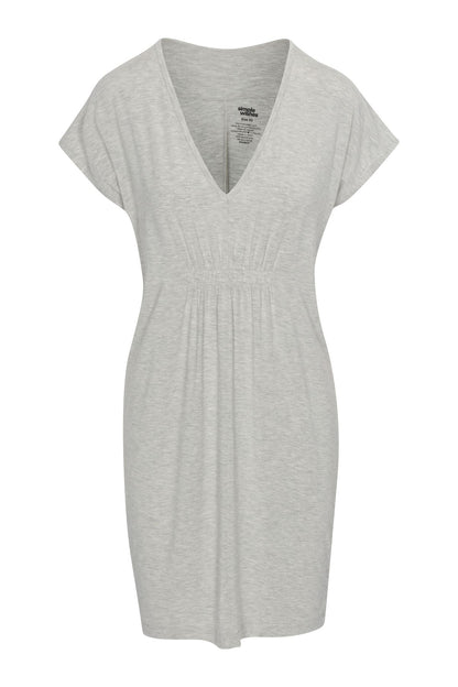 A light gray heather short-sleeve V-neck dress with a gathered waist, shown against a plain white background.