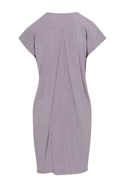 A short-sleeve tunic dress in a dusty lavender-purple color, shown from the back with a gathered center seam, on a plain white background.