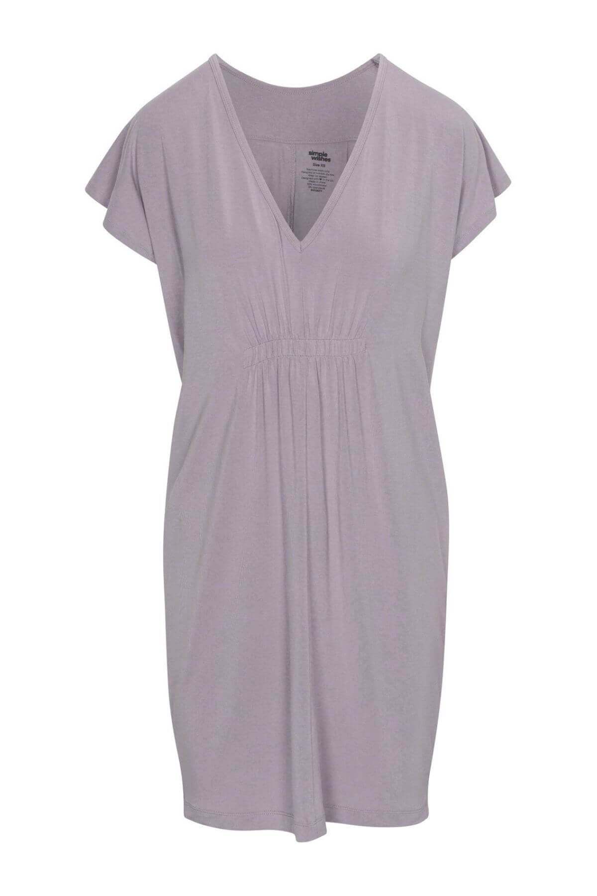 A light lavender short-sleeve V-neck dress with a gathered waist, shown against a plain white background.