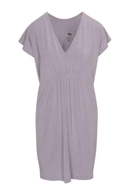 A light lavender short-sleeve V-neck dress with a gathered waist, shown against a plain white background.