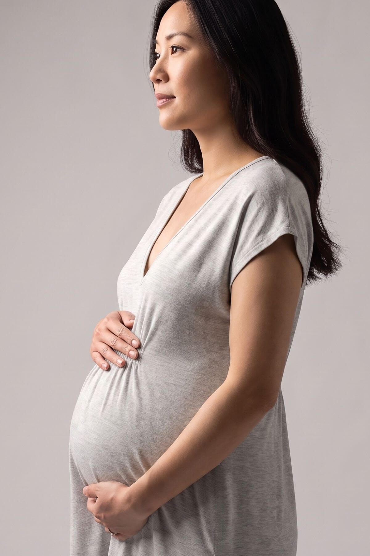 A pregnant woman in profile wearing a light gray short-sleeve V-neck maternity dress, standing against a neutral light gray studio background.