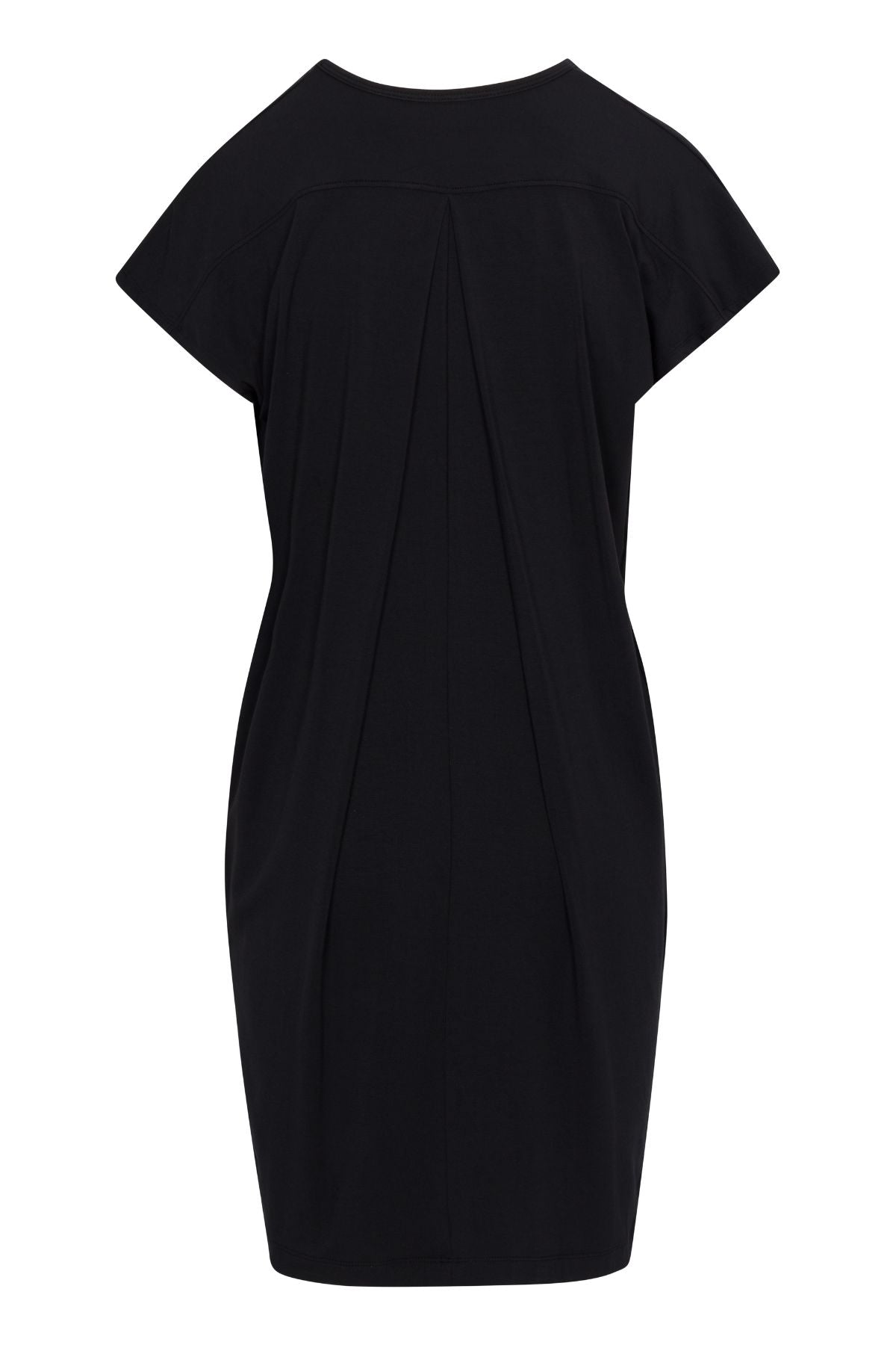 A black short-sleeve dress with a crew neck and front pleated detailing, shown against a plain white background.