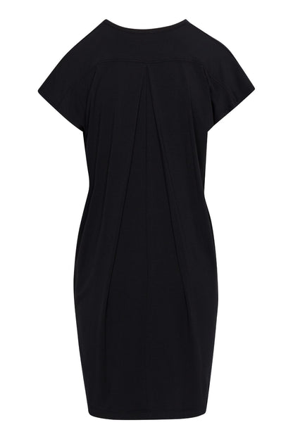 A black short-sleeve dress with a crew neck and front pleated detailing, shown against a plain white background.