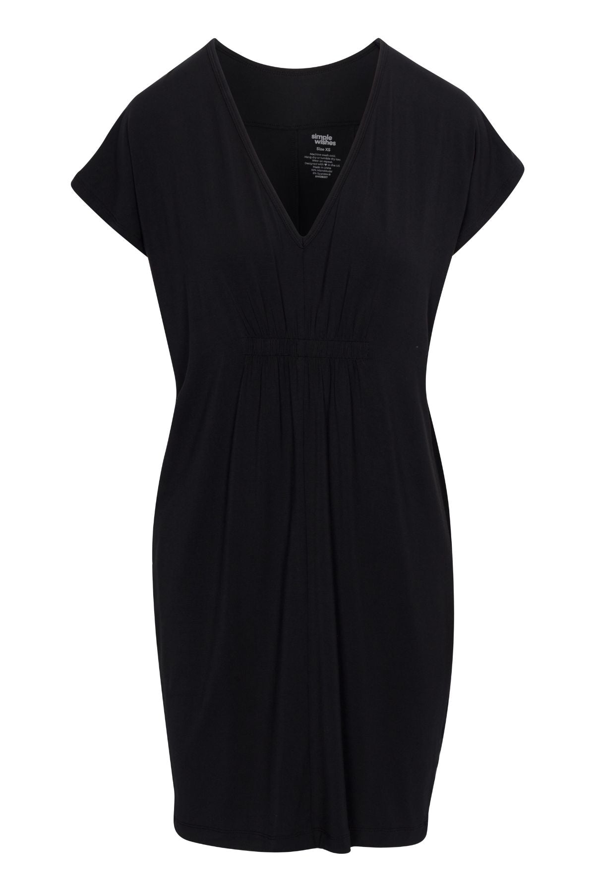 A black short-sleeve V-neck dress with a gathered waist, shown against a plain white background.