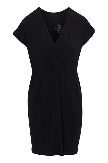 A black short-sleeve V-neck dress with a gathered waist, shown against a plain white background.