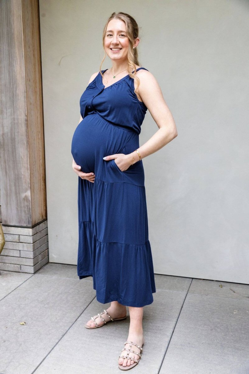 Lark Maternity &amp; Nursing Maxi Dress - Indigo - Simple Wishes - Shown full body on pregnant model
