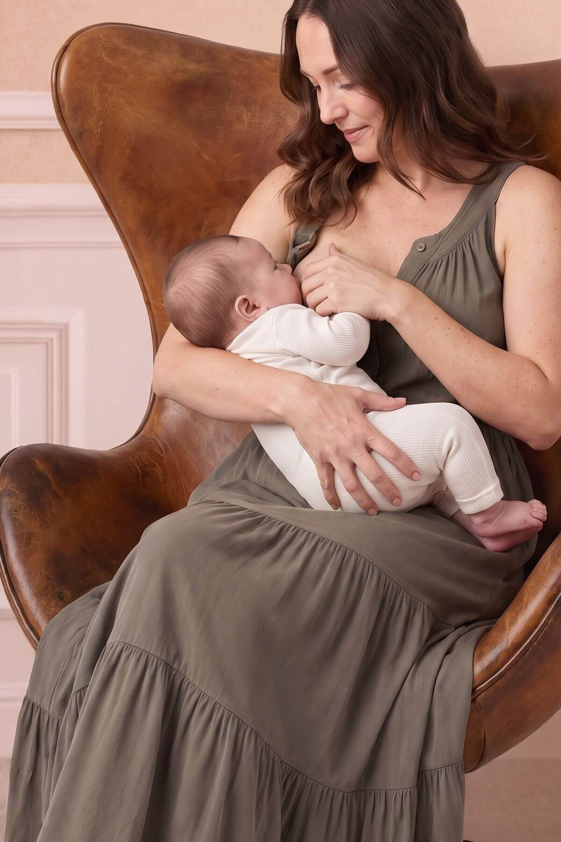 A woman in a sleeveless olive green dress sits in a brown leather armchair, breastfeeding a baby wearing a white onesie.