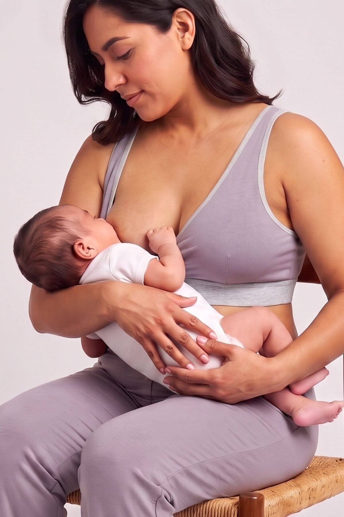 A woman wearing a light purple nursing bra and matching pants is seated on a wooden stool, breastfeeding a baby dressed in a white onesie against a plain light background.