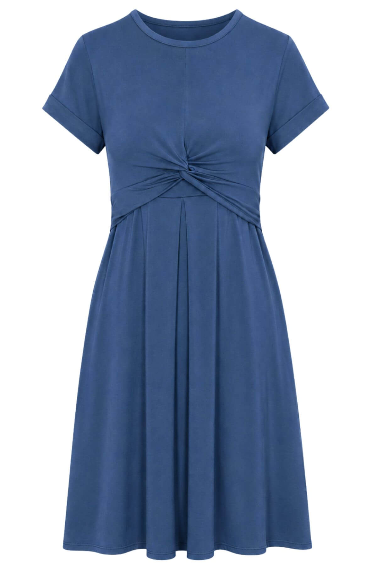 A short-sleeve blue dress with a gathered twist detail at the waist and a pleated skirt, shown against a plain white background.