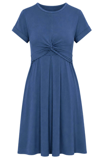 A short-sleeve blue dress with a gathered twist detail at the waist and a pleated skirt, shown against a plain white background.