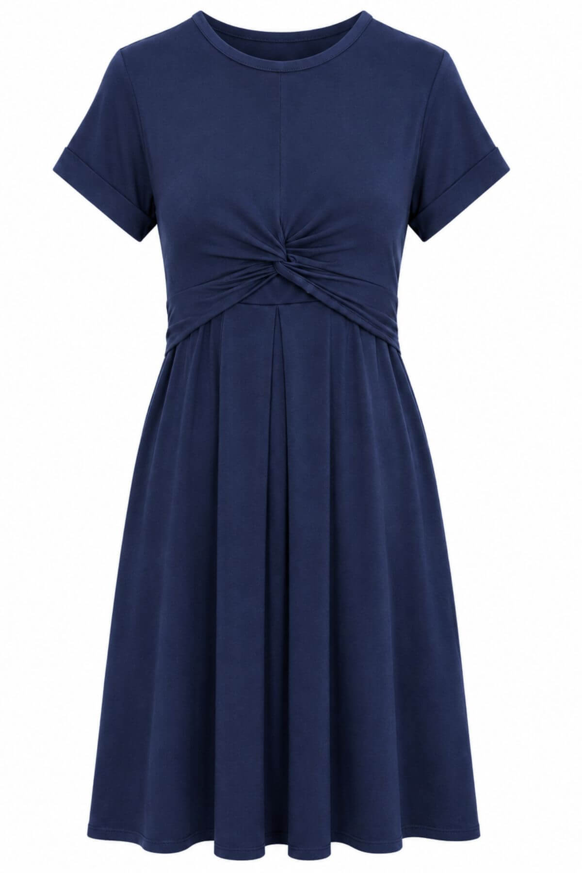 A navy blue short-sleeve dress with a gathered twist detail at the waist and a flared skirt, shown against a plain white background.