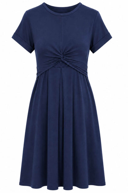 A navy blue short-sleeve dress with a gathered twist detail at the waist and a flared skirt, shown against a plain white background.
