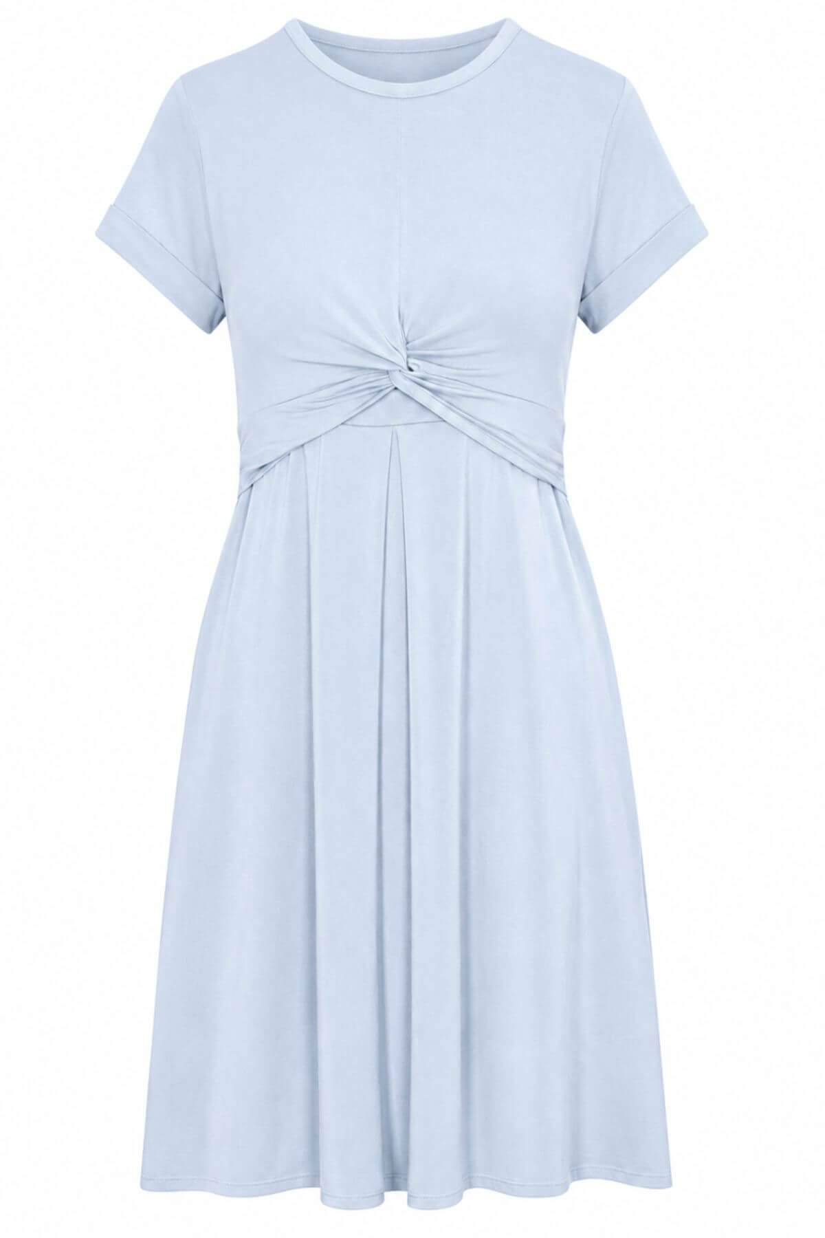 A light blue short-sleeve t-shirt dress with a gathered twist detail at the waist, shown against a plain white background.
