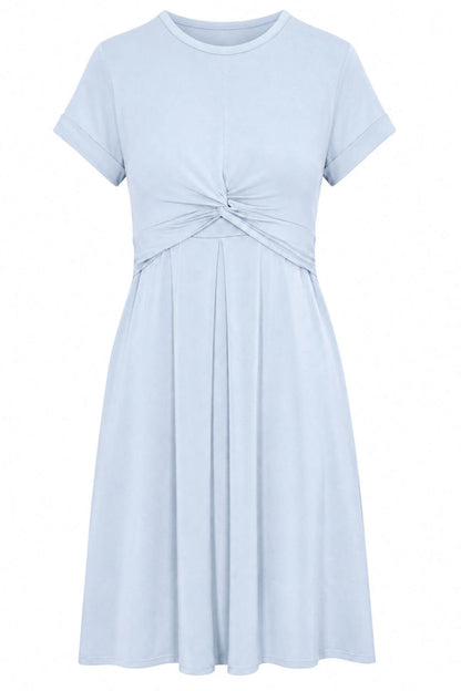 A light blue short-sleeve t-shirt dress with a gathered twist detail at the waist, shown against a plain white background.