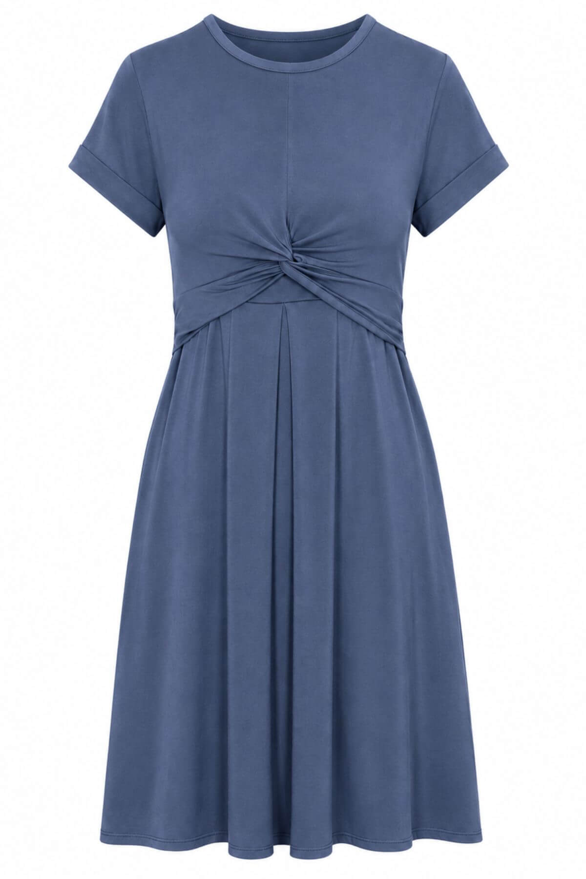 A short-sleeve blue dress with a gathered twist detail at the waist and a pleated skirt, shown against a plain white background.