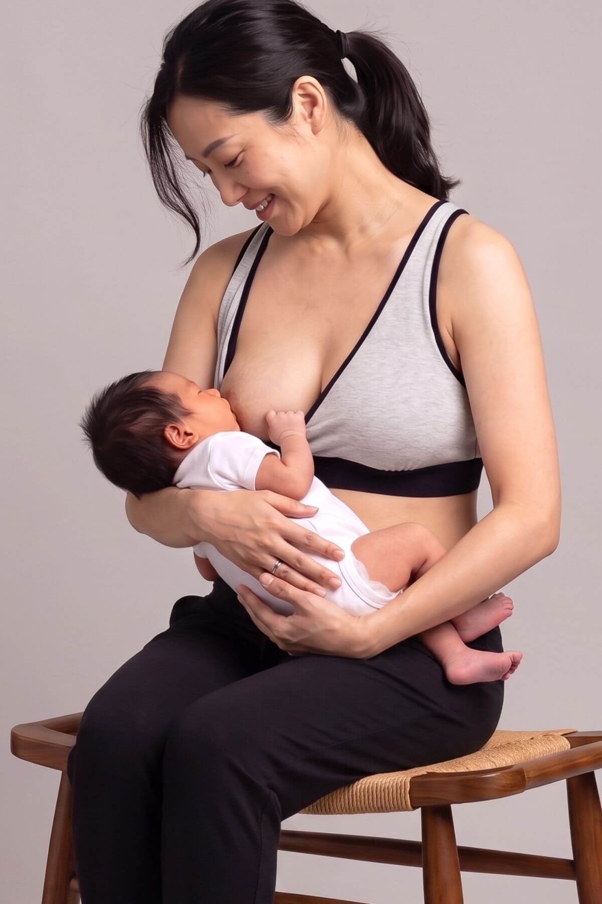 A woman sitting on a wooden stool wearing a gray nursing bra and black pants, holding a sleeping newborn baby dressed in a white outfit. The background is a solid light gray studio wall.