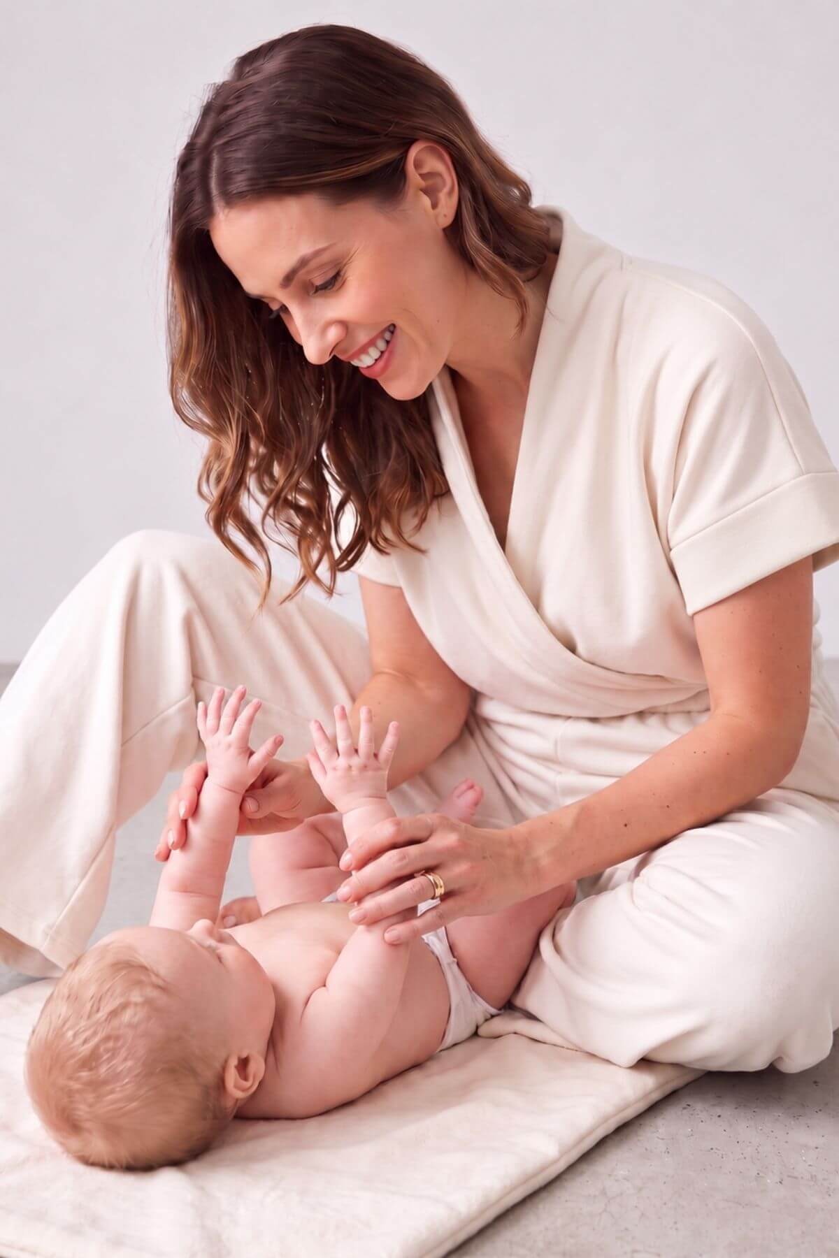 A woman in a cream-colored wrap robe sits on a light floor mat, gently washing or drying a baby lying on their stomach. The scene is shot in a bright, minimalist studio setting with a neutral background..