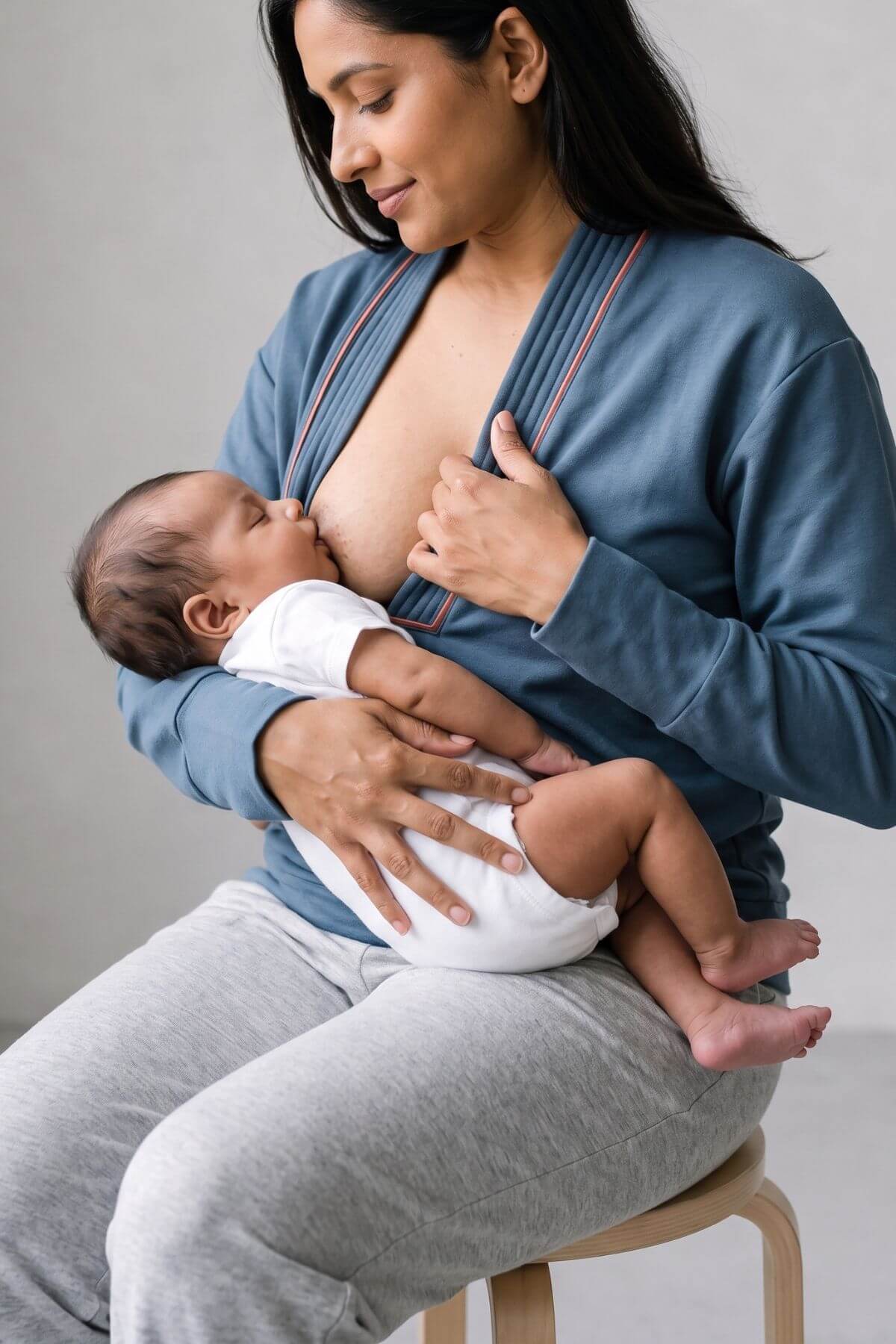 A woman wearing a blue open-front cardigan and gray sweatpants sits on a stool, breastfeeding a baby dressed in a white onesie. The setting is a clean, minimalist studio with a neutral gray background.