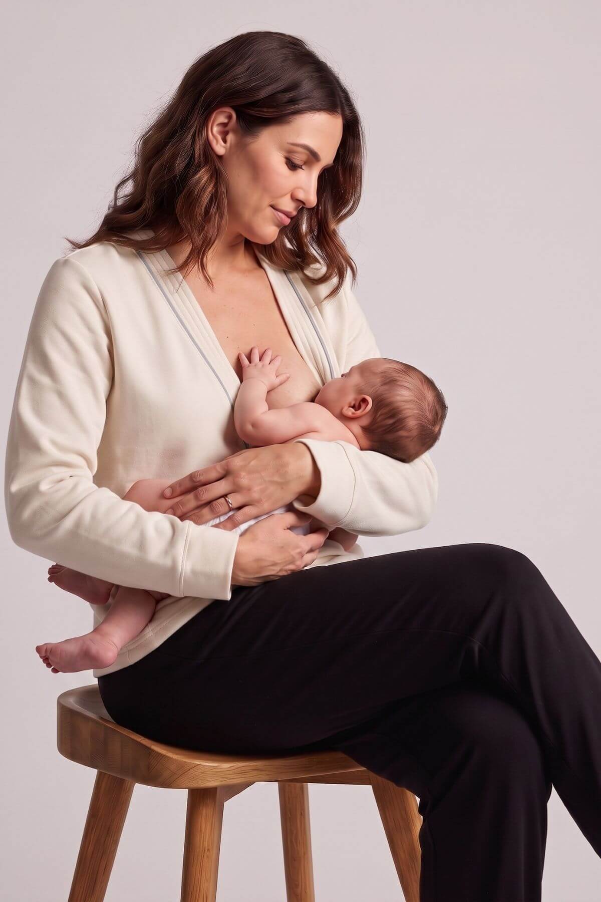 A woman sitting on a wooden stool breastfeeds a baby. She is wearing a cream-colored cardigan and black pants against a plain light gray studio background.