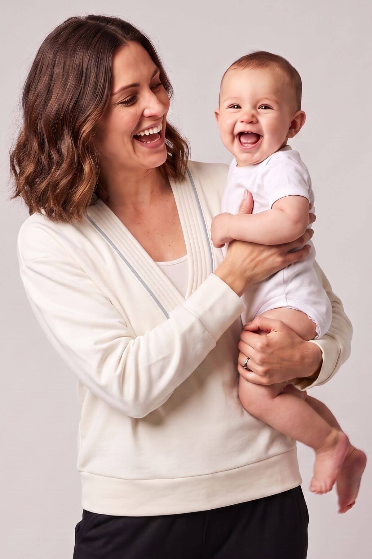 A woman holding a smiling baby, both wearing white clothing, photographed against a plain light gray studio background.