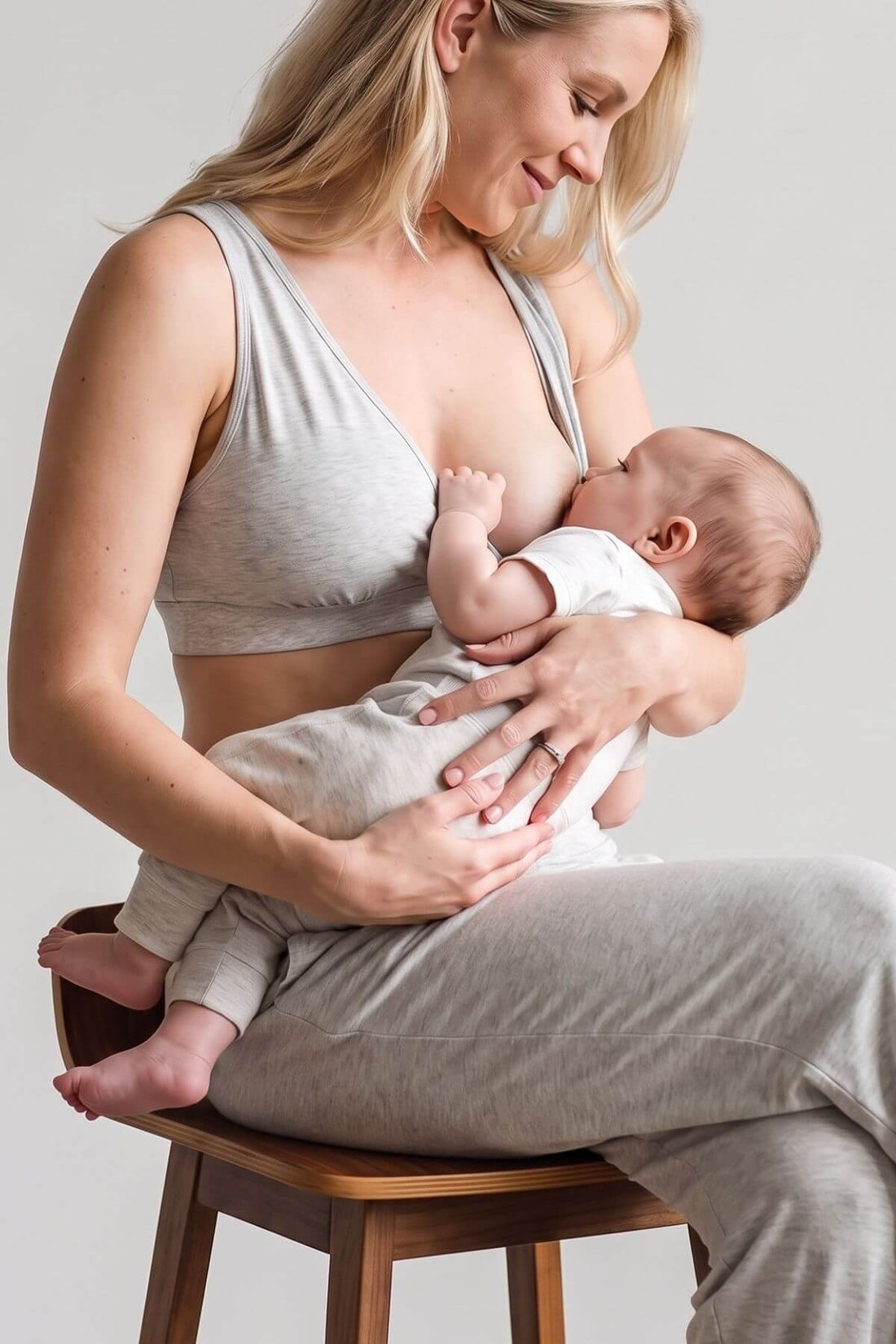 A woman in a light gray nursing bra and matching sweatpants sits on a wooden stool, holding a baby dressed in a white onesie. The background is a clean, neutral light gray studio setting.