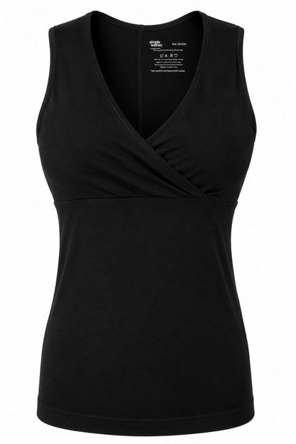 A black sleeveless tank top with a V-neckline and a twisted crossover front detail, shown on a plain white background.
