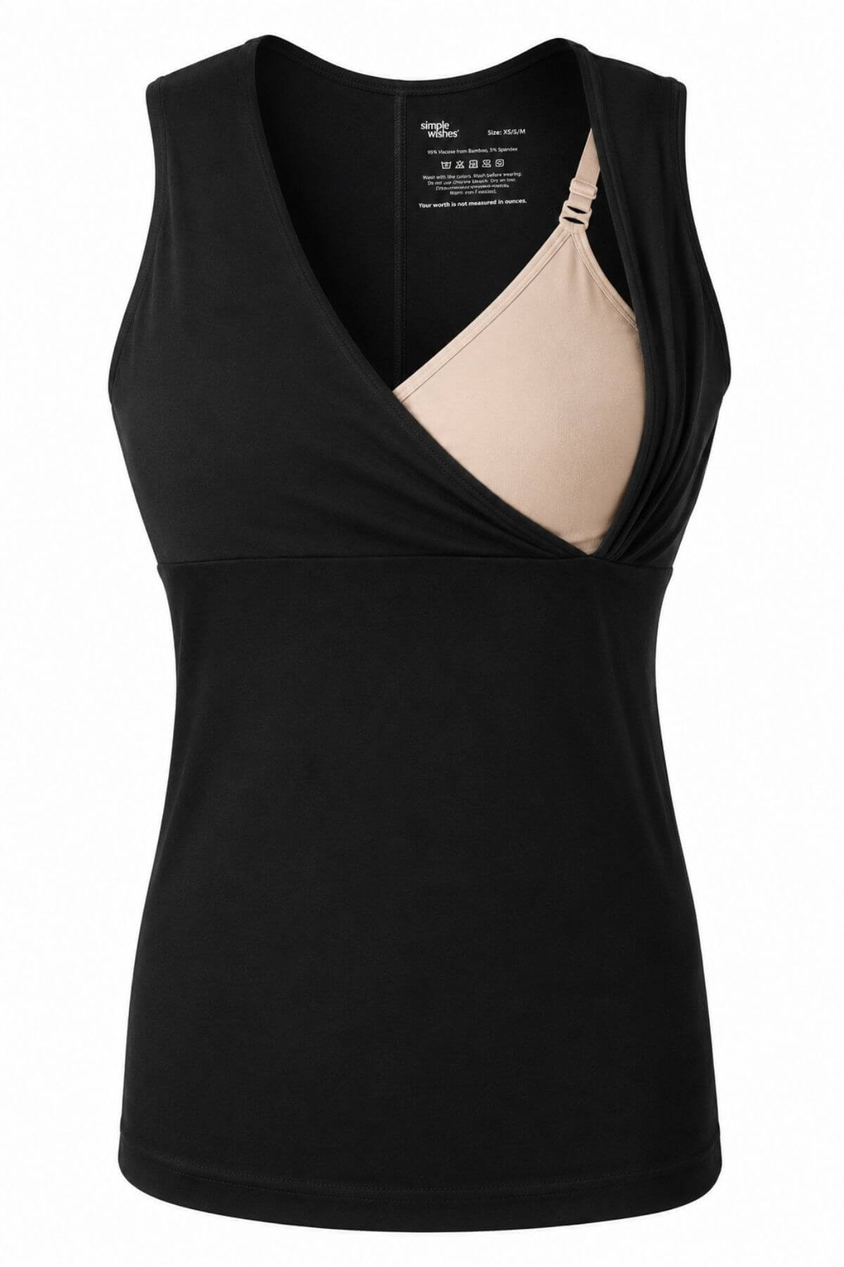 A black sleeveless wrap-style tank top displayed on a mannequin torso, with a beige underwire bra visible at the center front.
