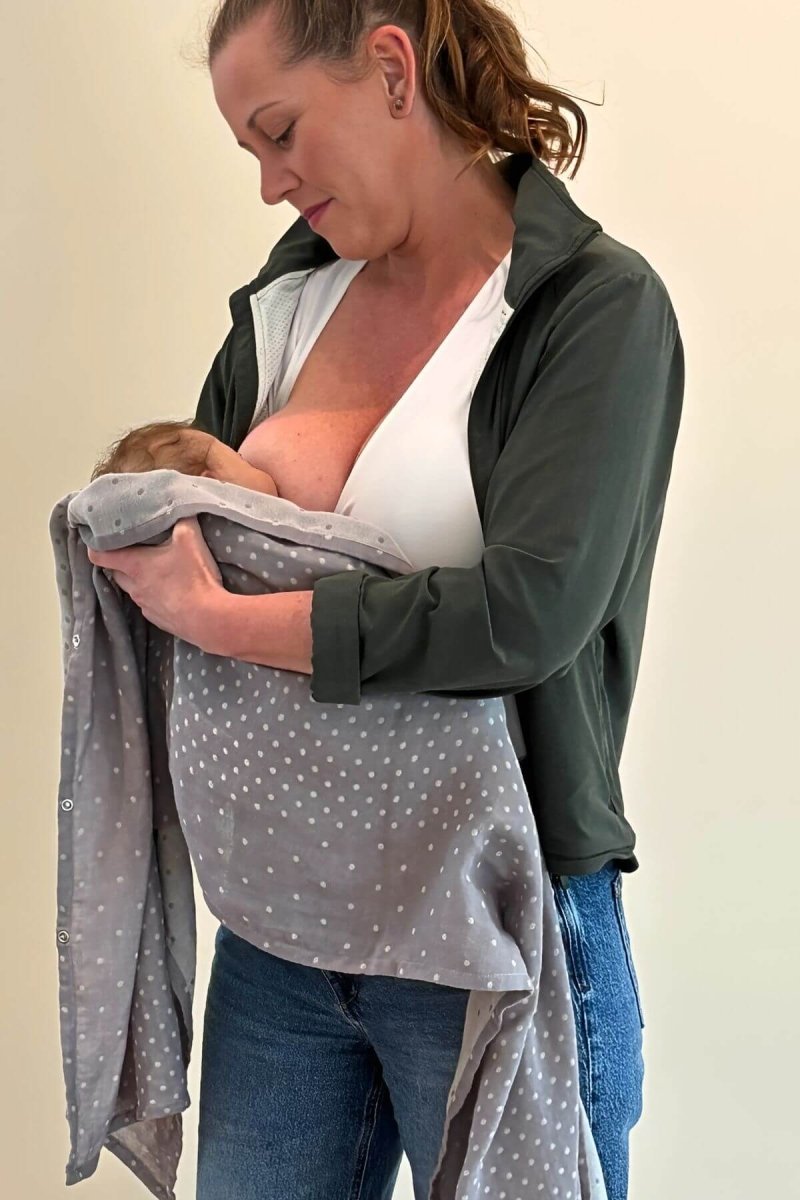 Simple Nursing Tank Pearl standing lifestyle moma and baby breastfeeding