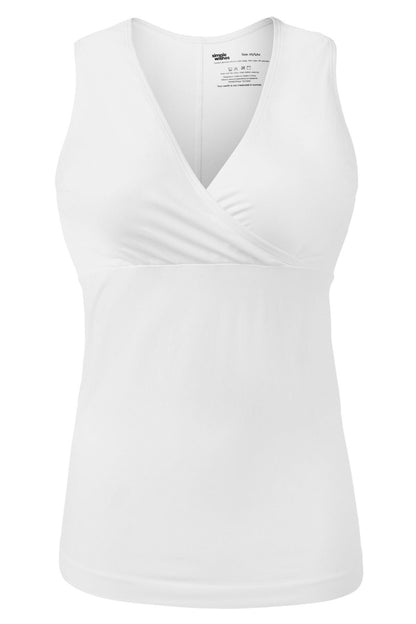 A white sleeveless V-neck tank top with a crossover wrap-style front, shown on a plain white background.