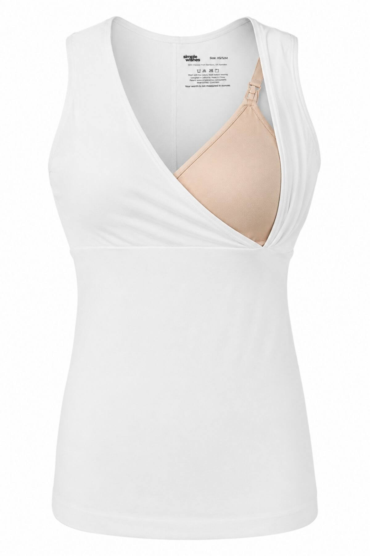 White maternity tank top with a built-in beige nursing bra cup, shown on a white background.