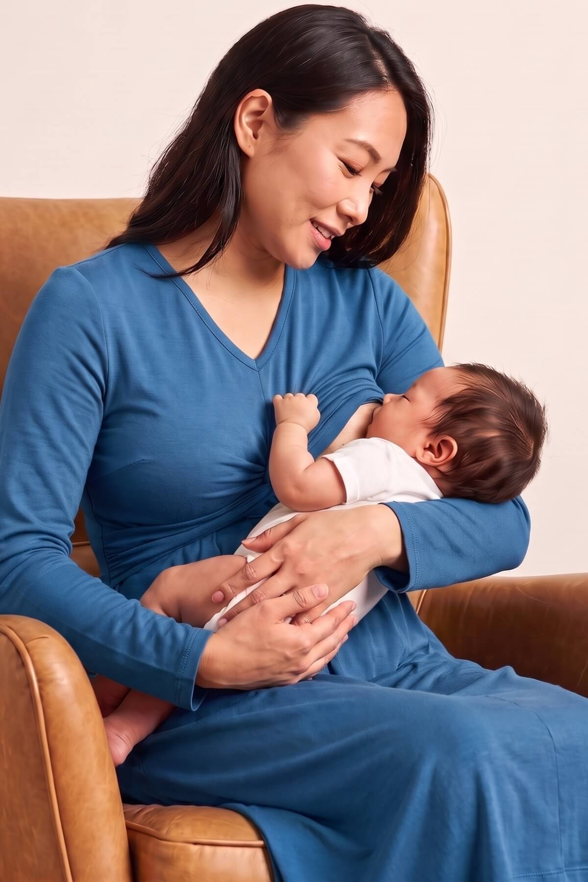 A woman in a blue long-sleeve nursing dress holds a sleeping newborn baby while breastfeeding, seated in a brown leather armchair against a light beige background