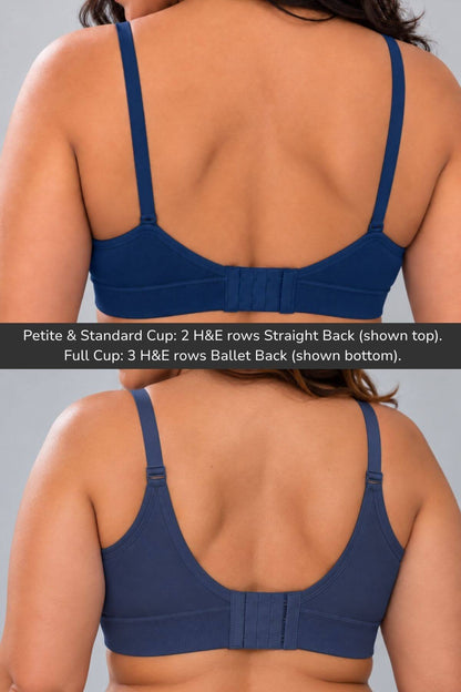 Back view of a woman modeling Simple Wishes Seamless Nursing &amp; Pumping Bras cross back view on all cup sizes in indigo, showing two cup configurations: Petite &amp; Standard Cup on top and Full Cup on bottom, with a text overlay explaining the cup sizes and back styles.