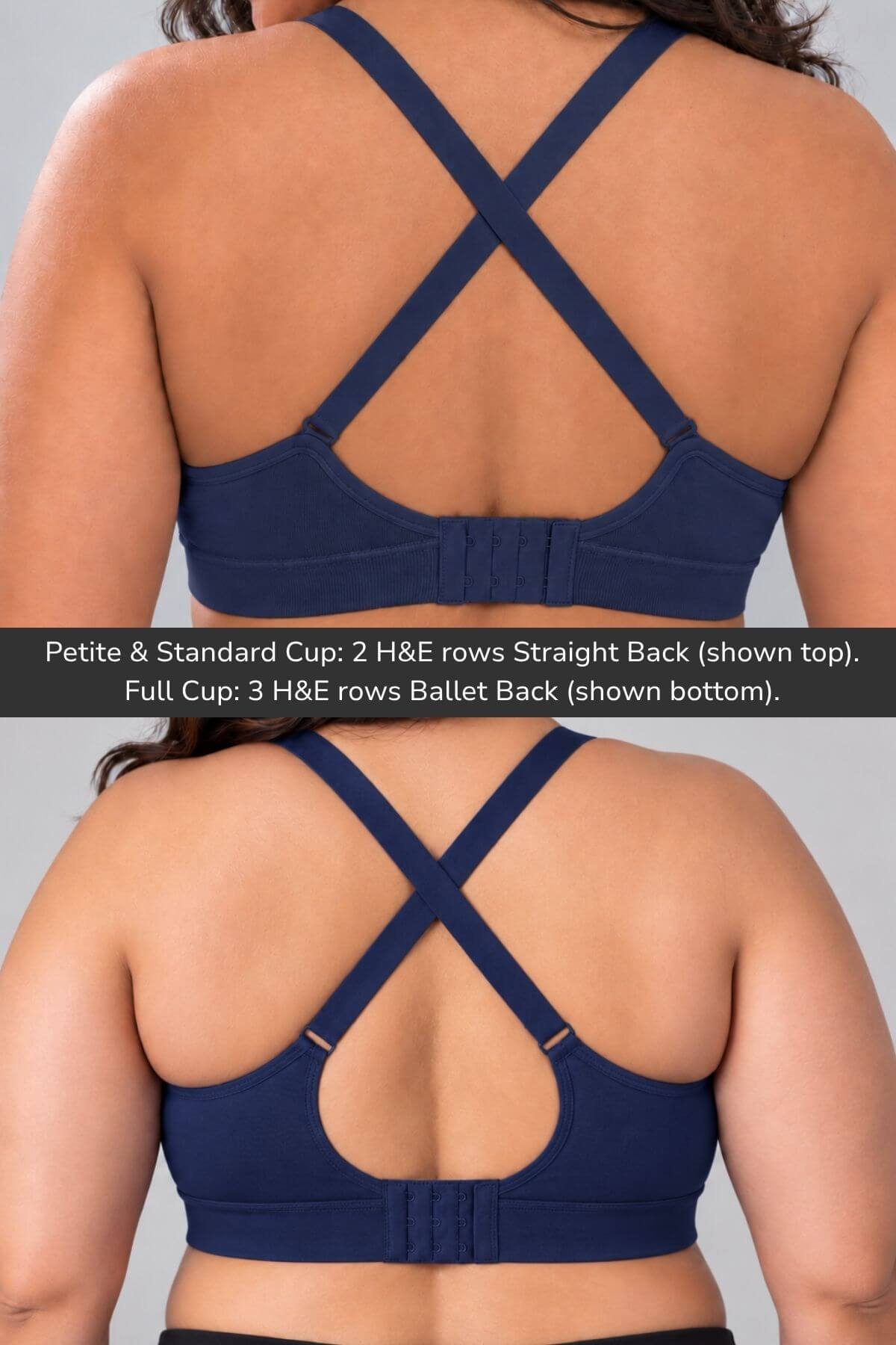 Back view of a woman wearing SSimple Wishes Seamless Nursing &amp; Pumping Bras cross back view on all cup sizes in indigo with adjustable crisscross straps, shown in two cup sizes with text overlay explaining the strap configurations.