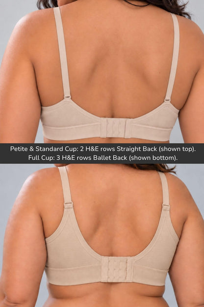Back view of the Stages Maternity, Nursing, Wearable Pump &amp; Everyday Bra in Sunkissed Rose on a model, showing two cup styles: Petite &amp; Standard Cup with 2 H&amp;E rows Straight Back (top) and Full Cup with 2 H&amp;E rows Ballet Back (bottom). A text overlay explains the cup sizes and back styles.
