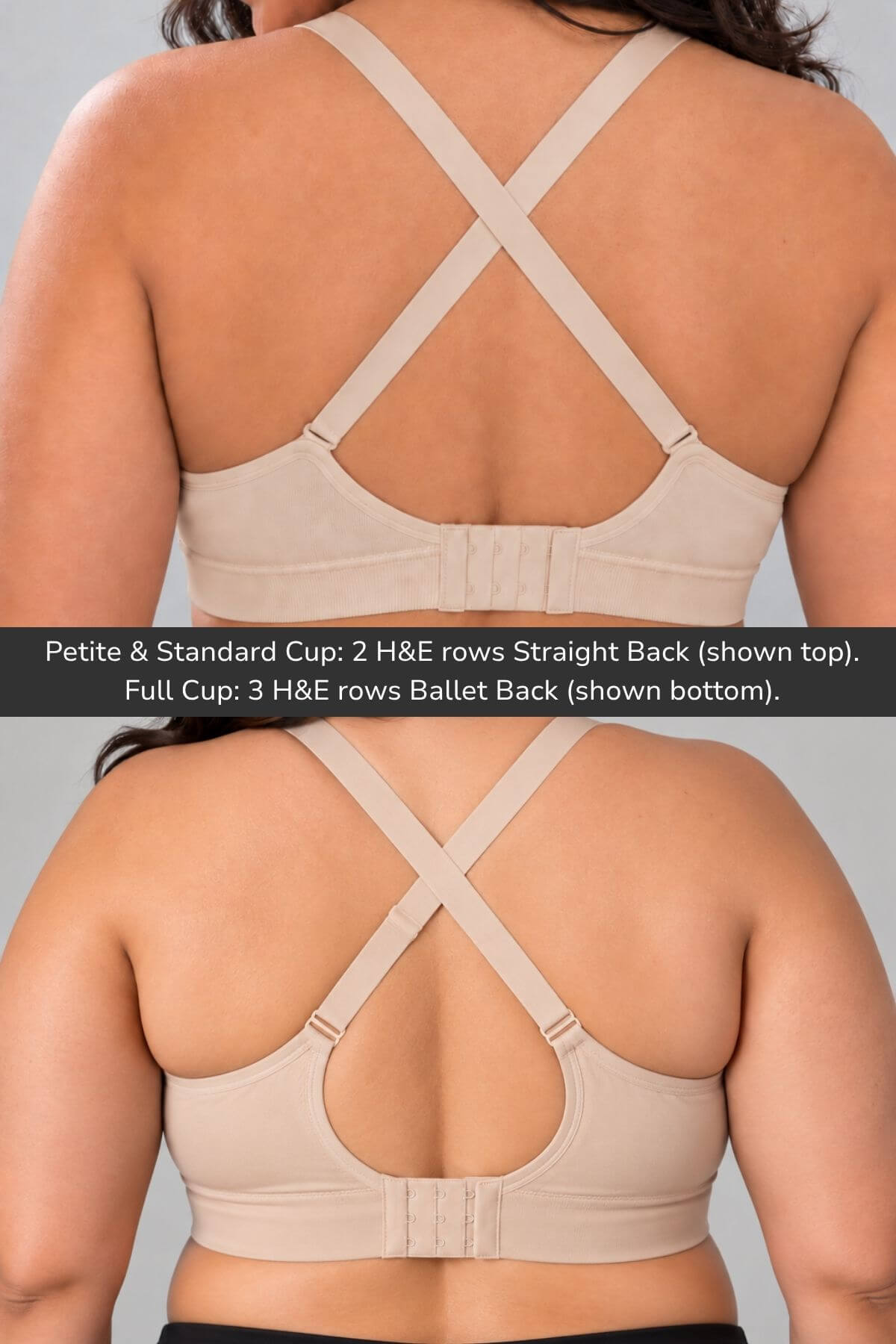 Back view of the Stages Maternity, Nursing, Wearable Pump &amp; Everyday Bra in Sunkissed Rose shown on a model, with two size/fit options labeled in a text banner: Petite &amp; Standard Cup with 2 H&amp;E rows Straight Back (top), and Full Cup with 3 H&amp;E rows Ballet Back (bottom).