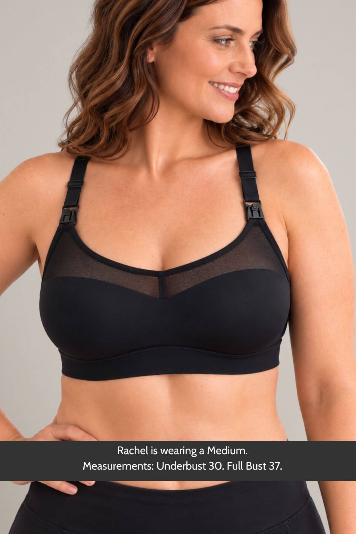 A woman wearing the Stages sweetheart mesh racerback style nursing bra with sheer mesh panels and front adjust shoulder straps, shown against a light gray studio background. Text at the bottom reads: &