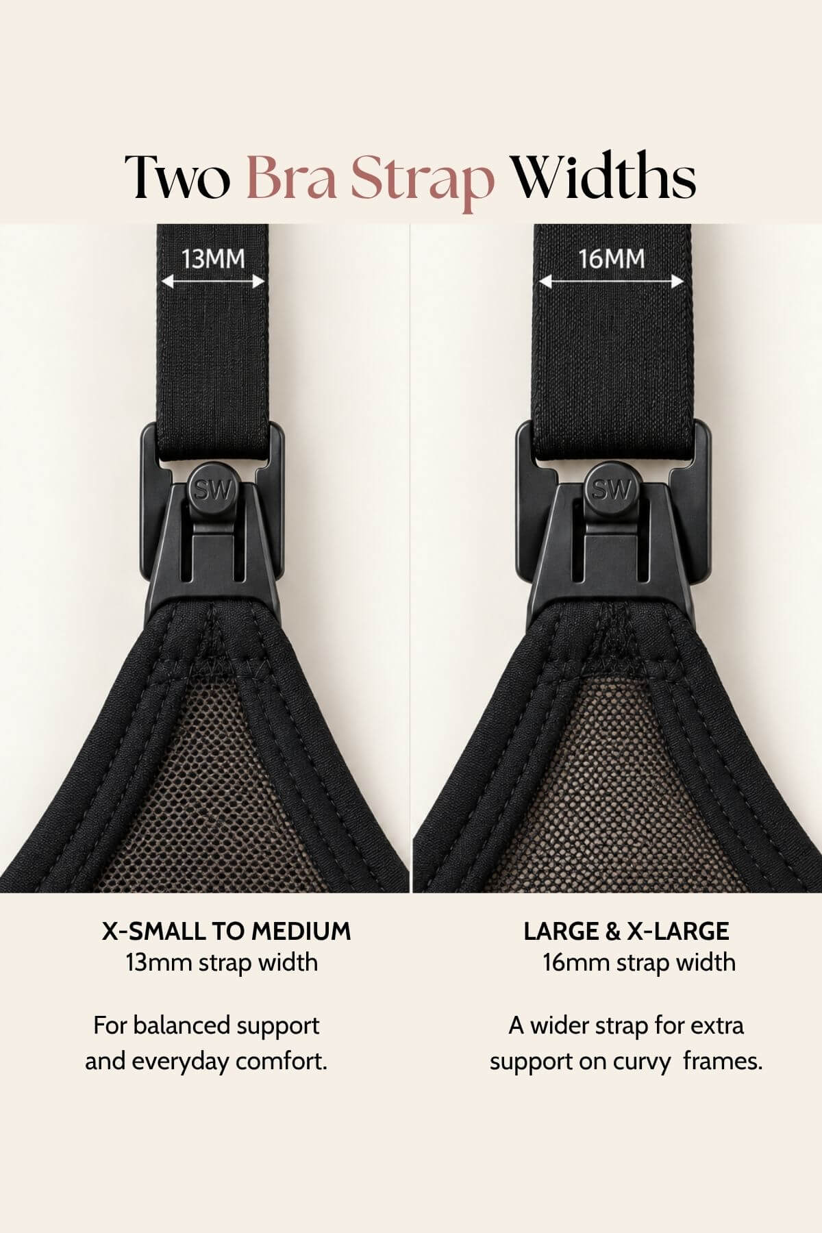 Comparison graphic showing two bra strap widths: a 13mm black strap on the left and a 16mm black mesh-and-strap option on the right, with text labels and sizing guidance for X-small to medium and large frames.